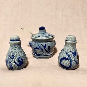 Vintage Blue Salt Glaze Stoneware Pottery Salt & Pepper Shaker with Sugar Bowl
